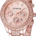 Gosasa Luxury Unisex Crystal Diamond Watches Quartz Digital Calendar Rose Gold Silver Stainless Steel Watch